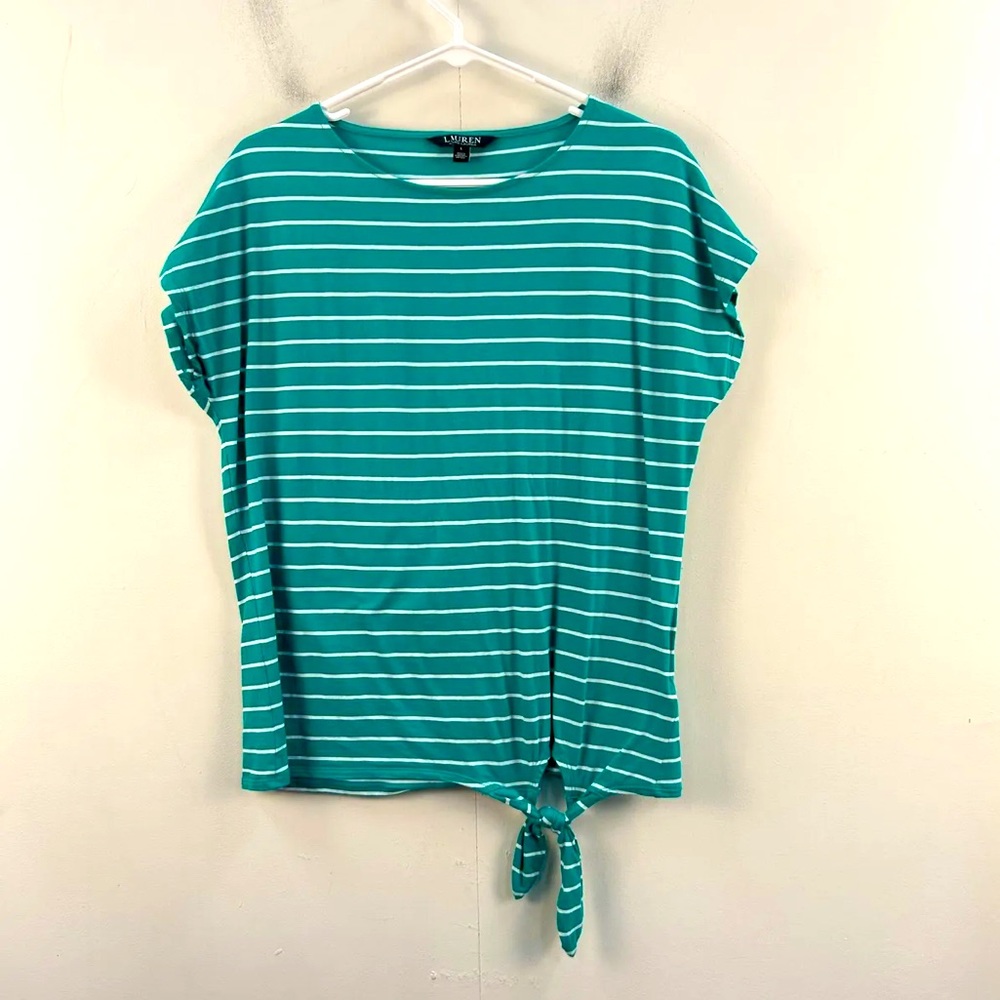 Ralph Lauren Women Large T Shirt Blue White Stripe S/S Knit Stretch 100%Cotton